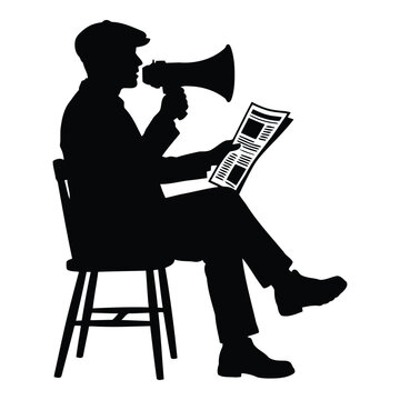 Silhouette Person Sitting Reading Newspaper While Speaking Into Megaphone On Chair