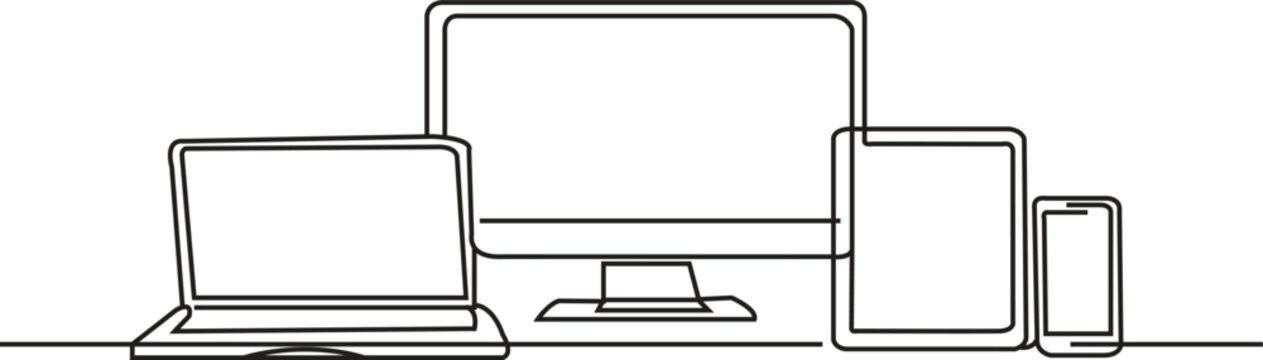 Modern one line drawing of electronic devices set with blank screens