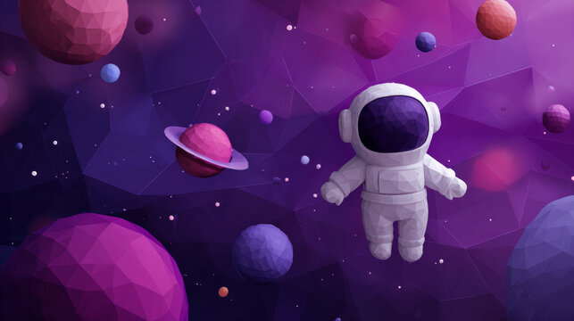 Abstract fantasy illustration of an astronaut floating in a surreal geometric purple universe with glowing planets