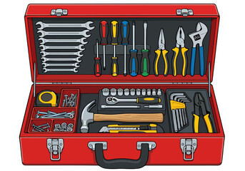 A vibrant red tool kit showcases a comprehensive set of tools. Clear organization and professional presentation make this image ideal for commercial use. © Vector Holiday