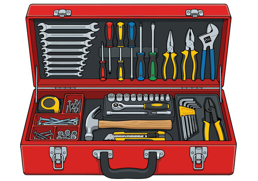A vibrant red tool kit showcases a comprehensive set of tools. Clear organization and professional presentation make this image ideal for commercial use.
