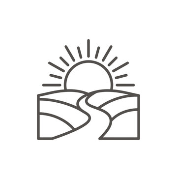 Sunrise over rolling hills and winding path line icon.