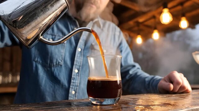 A bearded barista wearing a denim shirt pours hot steaming black coffee from a stainless steel gooseneck kettle into a small clear glass on a rustic wooden counter