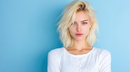 Naklejka premium Portrait of a Confident Young Woman with Short Blonde Hair Against a Soft Blue Background in Natural Light