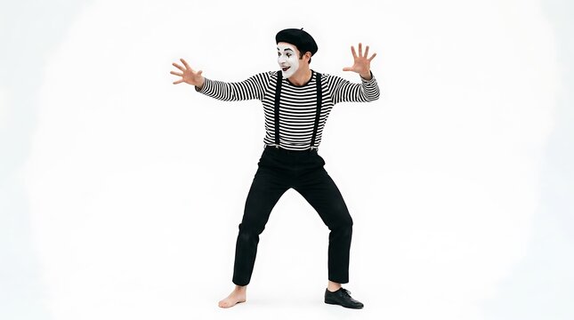 Professional mime artist gesturing on white background