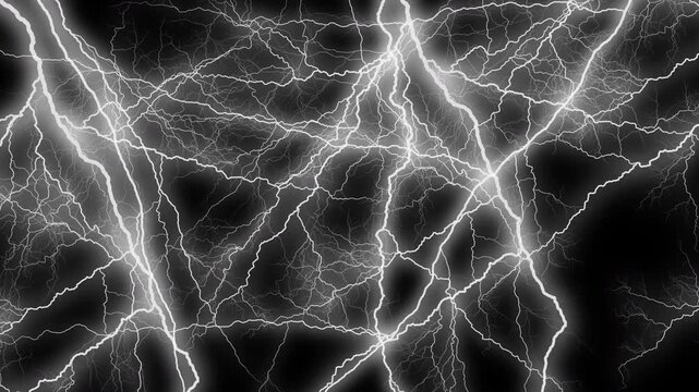 Bright white jagged electric lightning bolt patterns against dark black night sky. Suitable for background, energy concept, storm imagery.
