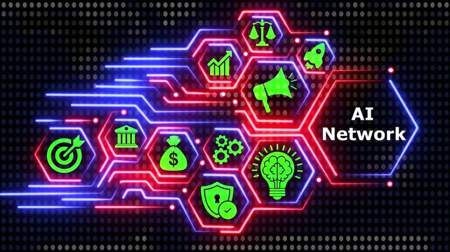 Abstract digital ai network with glowing neon hexagons and circuits.
