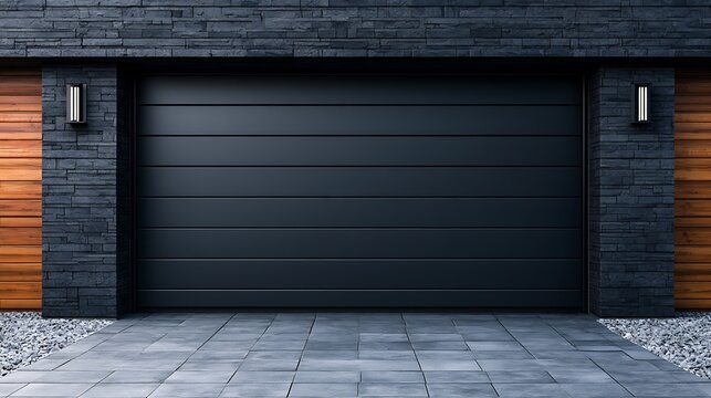 Awesome photo of modern black garage door with dark stone wall and wooden panels.