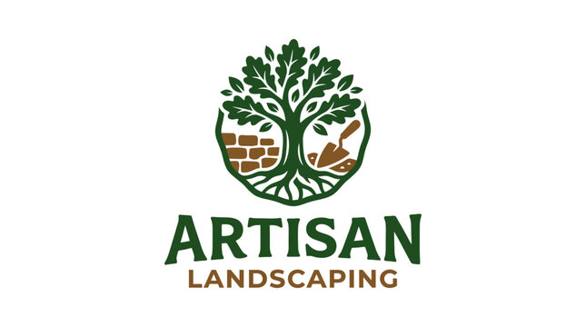 Vector logo for Artisan Landscaping, featuring a tree with roots intertwined with brick and gardening tools.