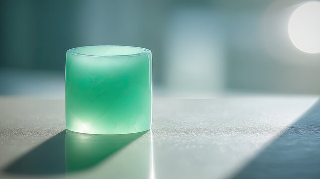 A single cylindrical green jade ring sits on a reflective white surface under soft natural lighting with a blurred background