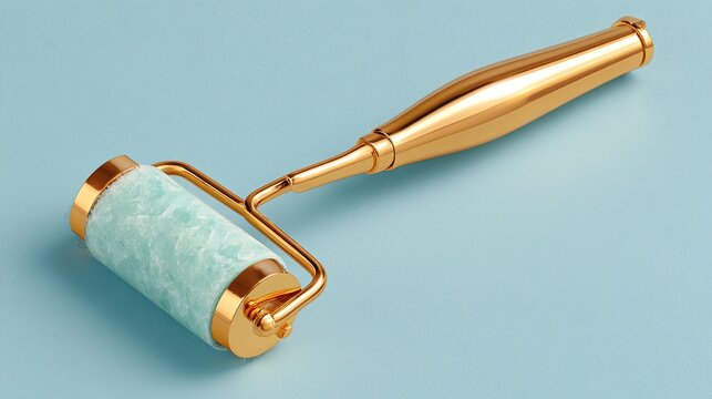 A single facial massage roller with a polished gold handle and a textured light green jade stone on a blue background