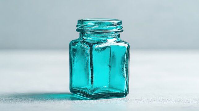 Empty square teal glass jar with a threaded neck sits upright on a light gray surface against a matching blurred background
