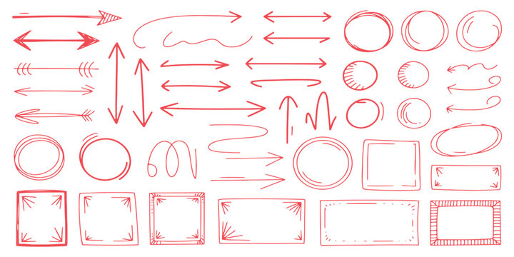 Collection of red hand drawn sketch arrows circles frames and underlines doodle elements vector illustration.