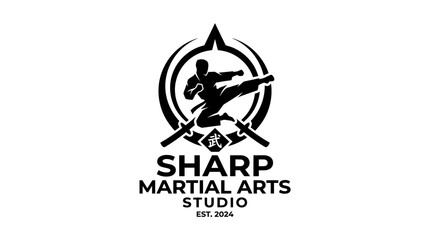 Martial arts studio logo design with karate fighter kicking, crossed swords and Japanese symbol © hadi