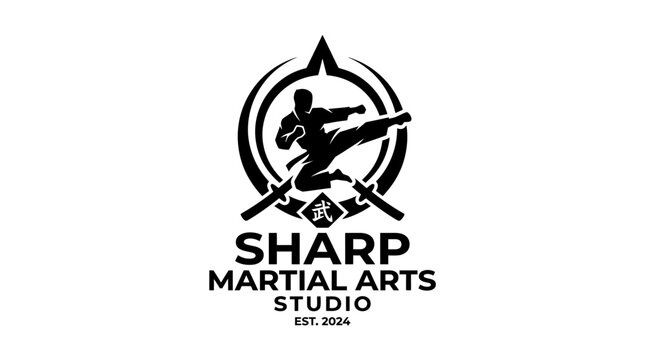 Martial arts studio logo design with karate fighter kicking, crossed swords and Japanese symbol