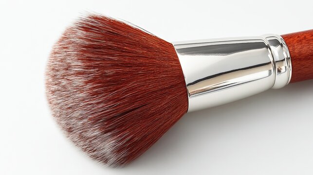 Large fluffy cosmetic brush with brown synthetic bristles and a wooden handle isolated against a white background