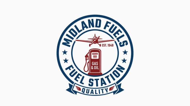 Vintage fuel station emblem with airplane and gas pump, retro graphic element