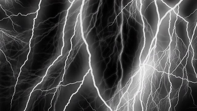 Bright electric white lightning bolts illuminate dark stormy night sky, capturing dramatic weather patterns for graphic design and marketing projects.