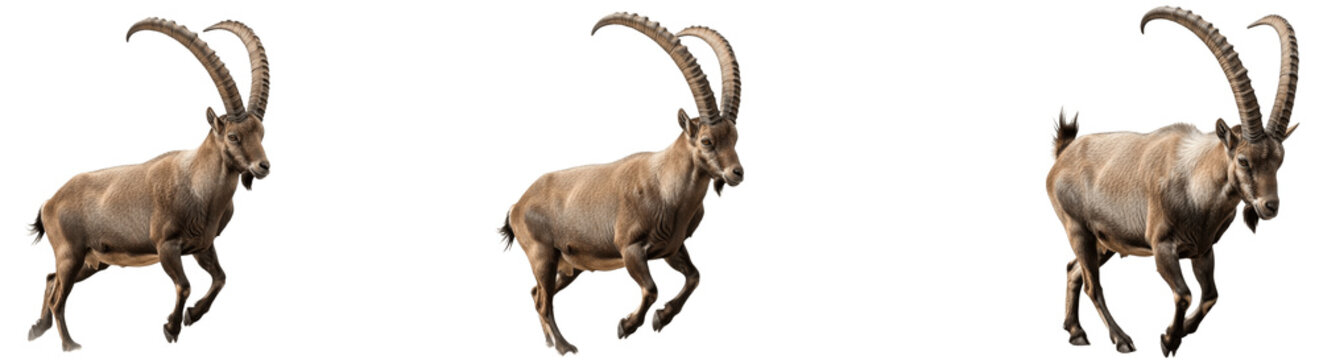 A Set of alpine ibex running PNG sprites, wild mountain goat herd in motion sequence for animation, game design, transparent background wildlife asset pack

