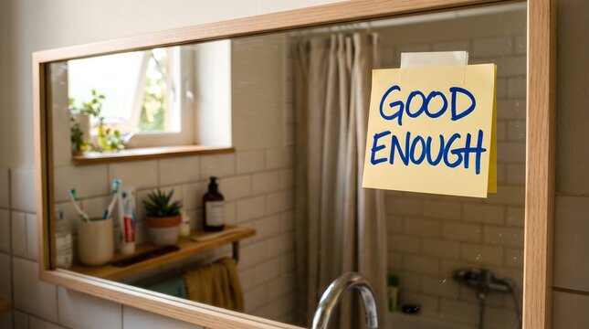 A sticky note with 'Good Enough' taped to a bathroom mirror serves as a daily visual affirmation, symbolizing a powerful rejection of perfectionism and a step toward self-acceptance.
