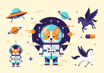 Astronaut Corgi Dog in Space Suit with UFO, Planets, and Pegasus Illustration  Whimsical Flat Vector Design for Kids and Sci-Fi Themes © Tikalony