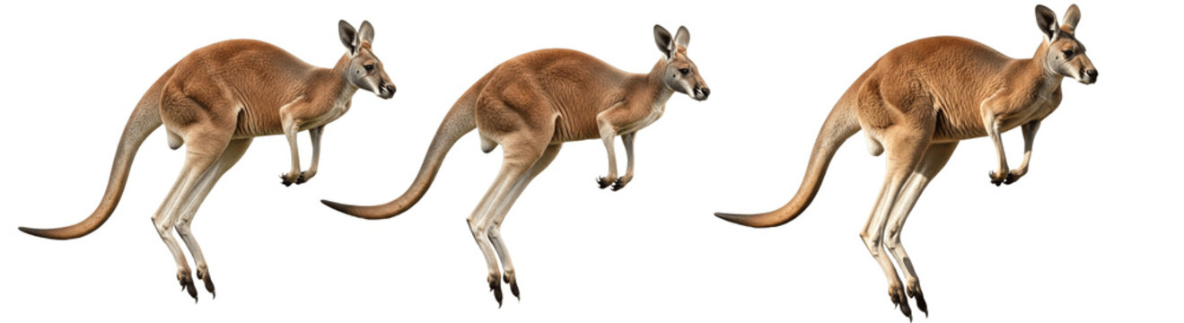 A Set of red kangaroo jumping PNG sprites, outback marsupial in bounding motion sequence for animation, game design, transparent background wildlife PNG

