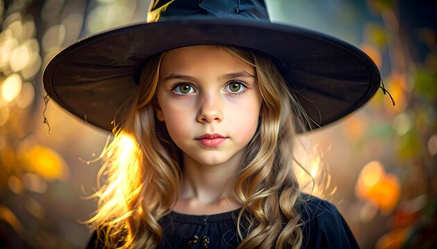 Child with blond curls and black witch hat, forest backdrop bathed in golden sunlight, looking directly at the viewer