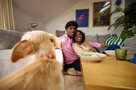 Happy couple spends time together at home