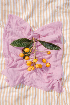 Colorful Loquat Fruit on Beach Blanket
