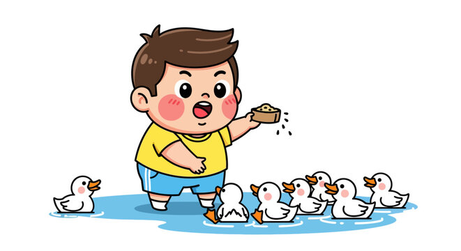 Happy young boy joyfully feeding ducks outdoors.