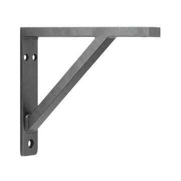 Dark grey metal shelf bracket with angled support and mounting holes isolated on white background