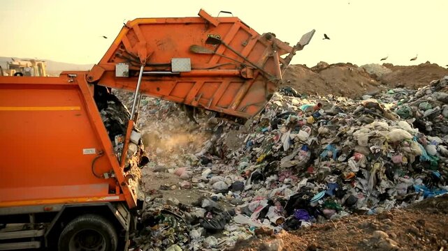 An orange garbage truck dumping trash into a large pile of waste