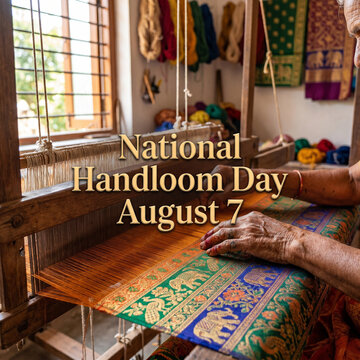 Person weaving traditional patterns on a wooden handloom machine during national handloom day in a bright workshop interior.