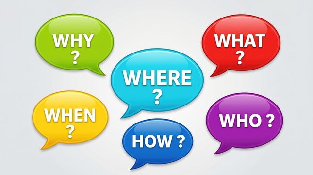 Colorful glossy speech bubbles featuring the five ws and how questions for strategic problem solving business communication and analytical brainstorming concepts