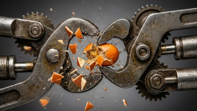 Mechanical press crushing a citrus fruit into pieces, detailed metallic texture and fragments flying in the air