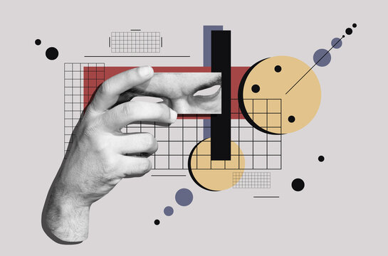 Collage art with a hand and eyes against abstract geometric background