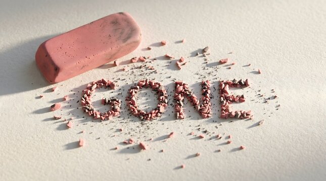 The word GONE spelled out of pink eraser shavings next to a worn rubber eraser, symbolizing the finality of erasure, forgotten memories, and the act of starting over.