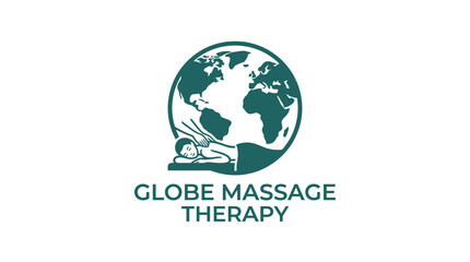 Fototapeta premium Global massage therapy logo concept with stylized earth and person receiving treatment