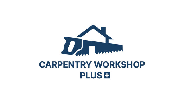 Carpentry workshop logo with saw and house illustration