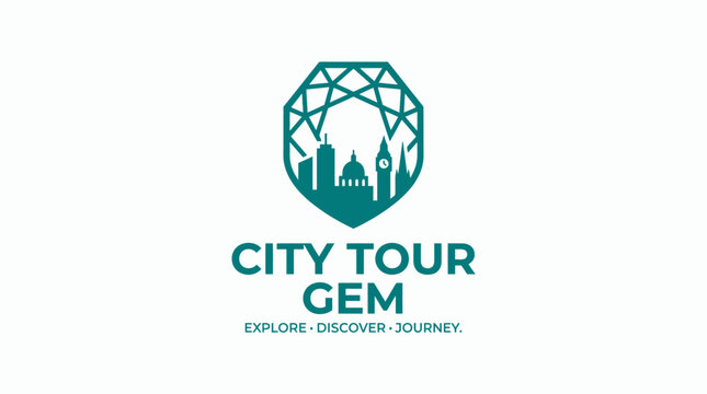 Geometric gemstone logo with city skyline and clock tower, ideal for travel and tours