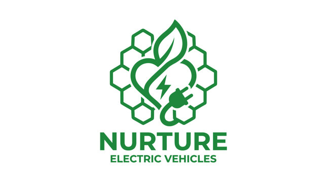 Green heart with leaf and electric plug logo, representing nurture electric vehicles concept.