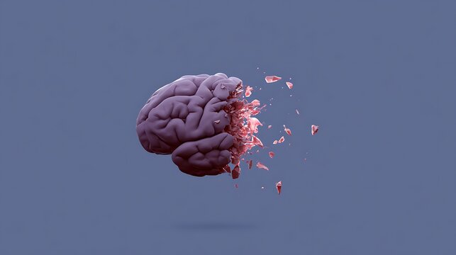 Awesome photo of human brain shattering or breaking into pieces, representing mental health or memory loss.