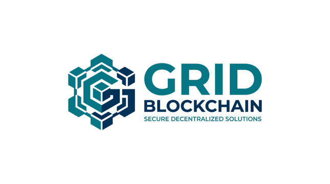 Modern grid blockchain logo with hexagonal 'G' symbol and text on white background