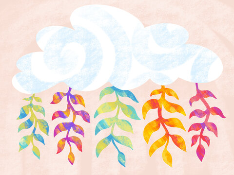 Colorful leaves hang below a cloud on a soft background