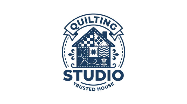 Quilting studio logo design with house and fabric patterns, vector graphic element.