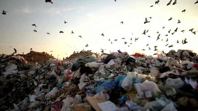 Large pile of trash with birds flying overhead at sunset outside