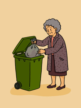 Senior woman disposing trash bag in green bin