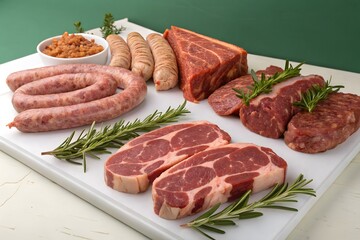 Fototapeta premium Assortment of fresh raw meat cuts and sausages on white cutting board