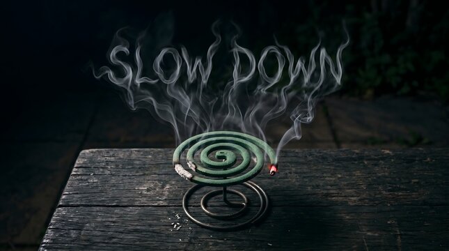 Smoke rises from a burning spiral coil on a dark wooden table to spell 'Slow Down', a conceptual metaphor for mindfulness, stress relief, and embracing a slower pace of life.