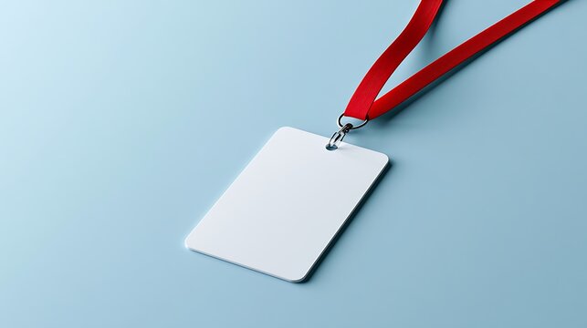 Awesome photo of blank white id badge with red lanyard on blue surface mockup.